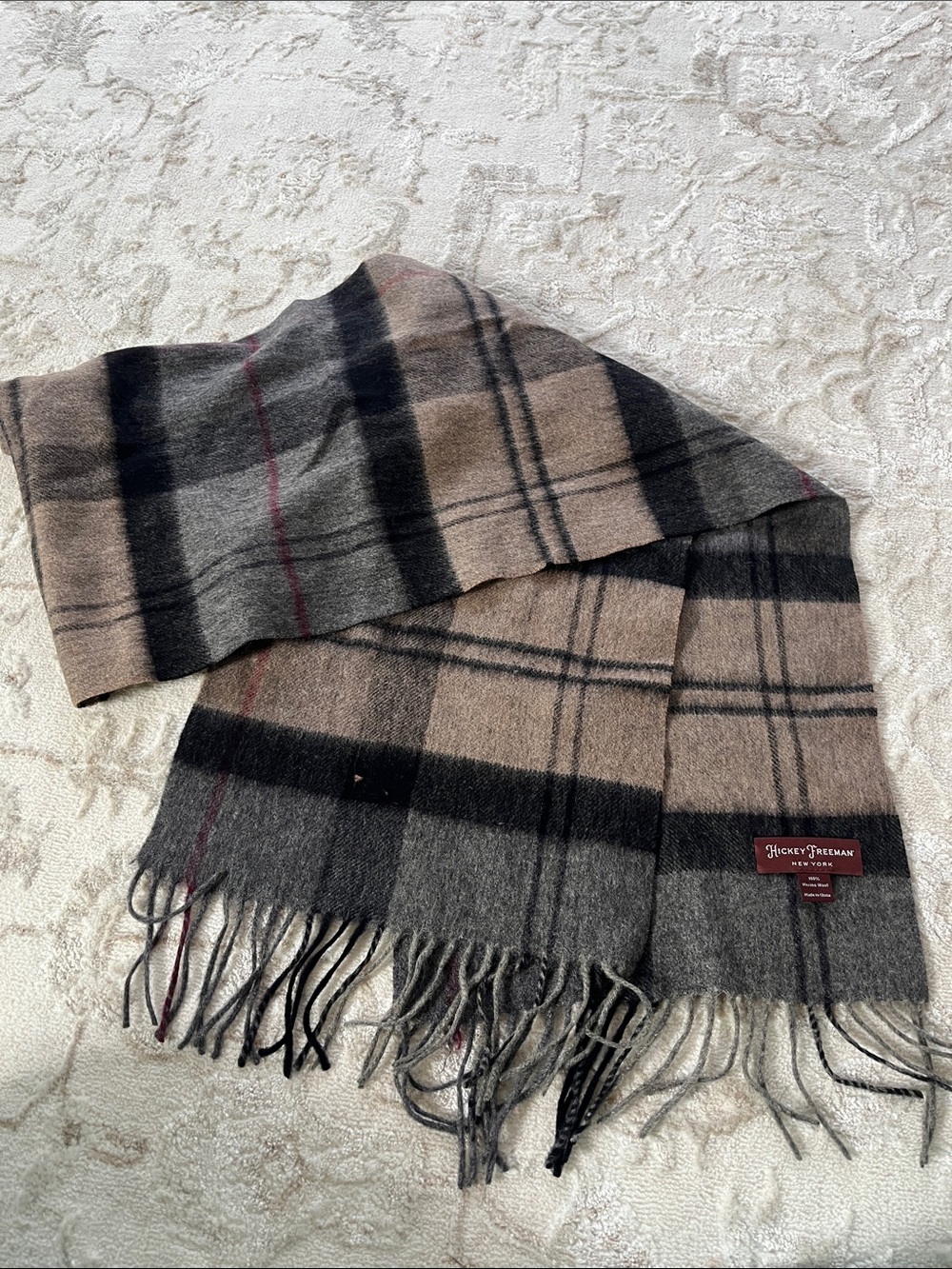 Hickey Freeman Plaid Wool Fringe Scarf
